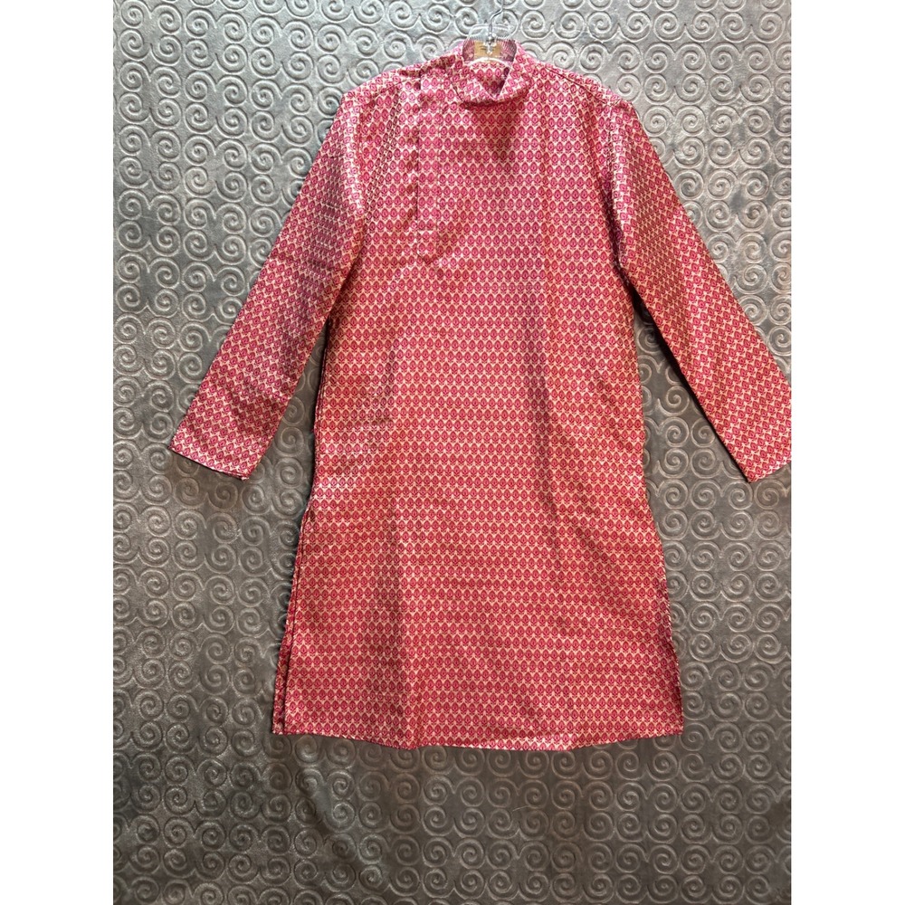 DETHNIC Red Geometric Pattern Mandarin Collar Kurta Tunic‎ Top S 36